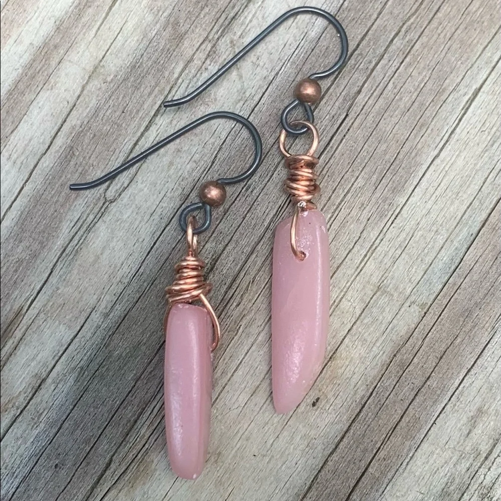Pink Opal copper wrapped. Niobium ear wire earrings - Picture 2 of 8